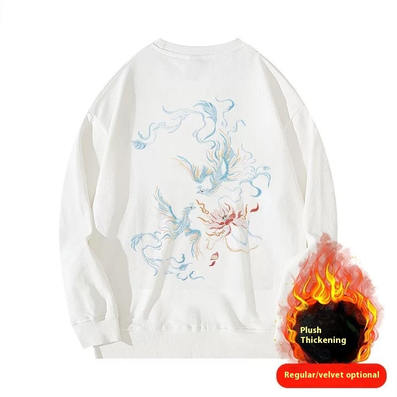 Men's Fleece Padded Coat Embroidered Shirt Round Neck