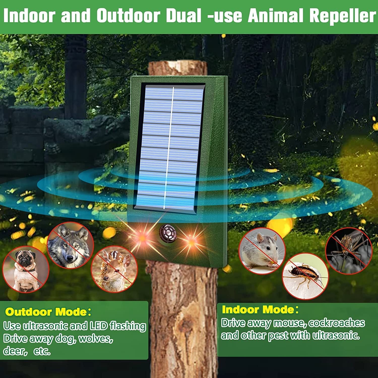 Ultrasonic Animal Repeller Outdoor Mouse Repellent Devices with Strobe Flashing Light Waterproof Solar Animal Repeller-1