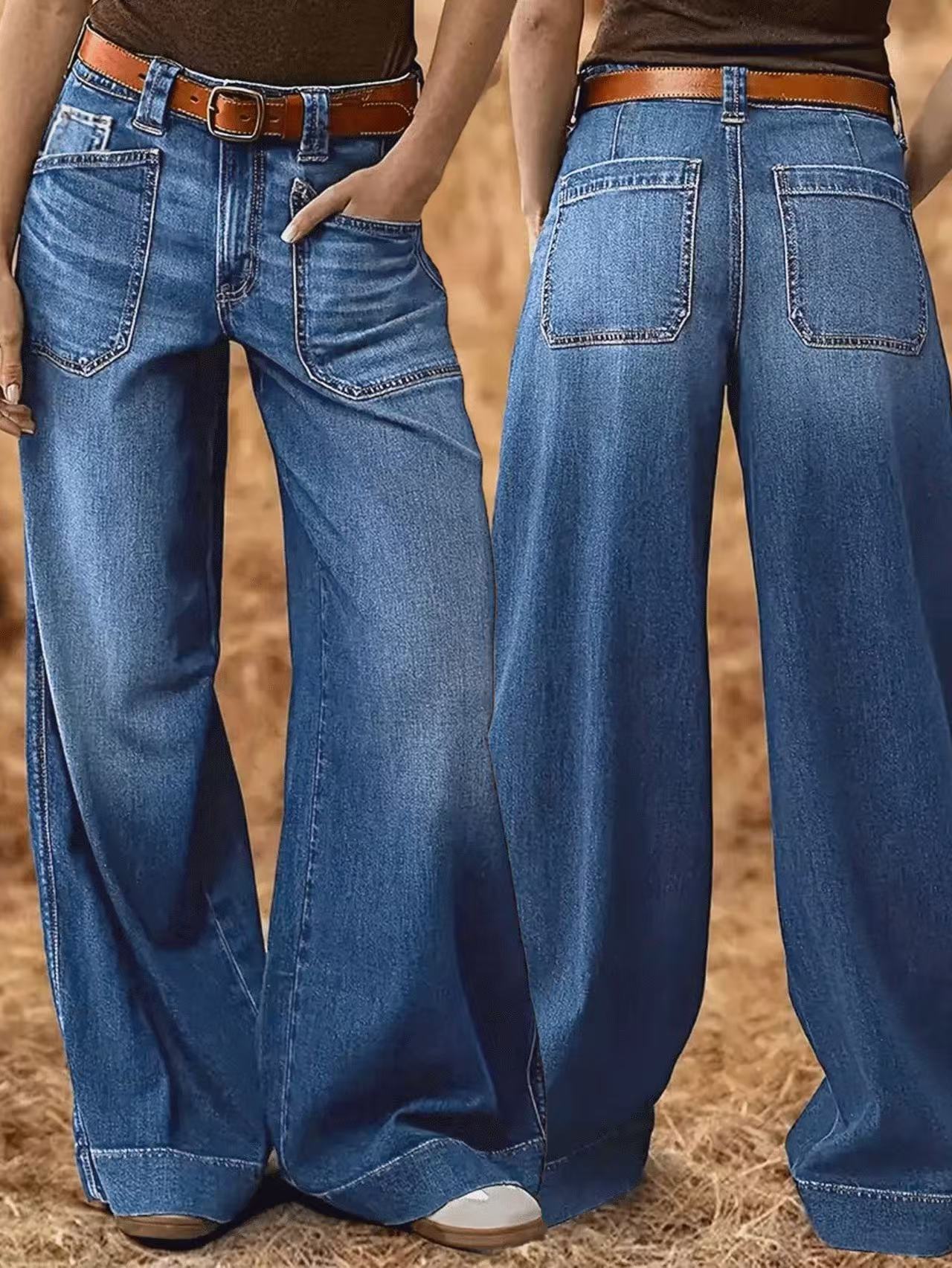 Loose Slimming Ladies Wide-leg Straight Pants Denim Ankle-length Pants