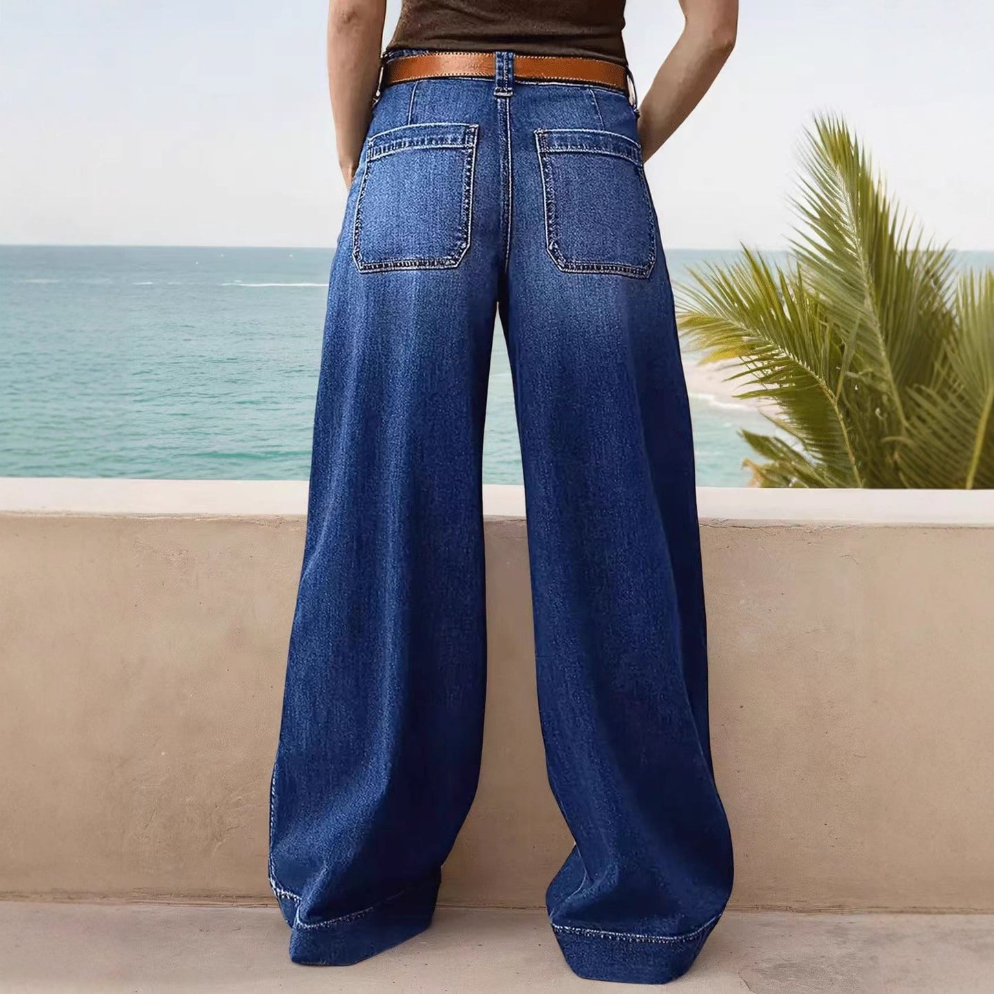 Loose Slimming Ladies Wide-leg Straight Pants Denim Ankle-length Pants