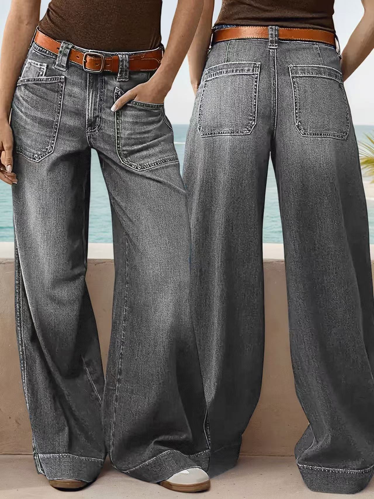 Loose Slimming Ladies Wide-leg Straight Pants Denim Ankle-length Pants