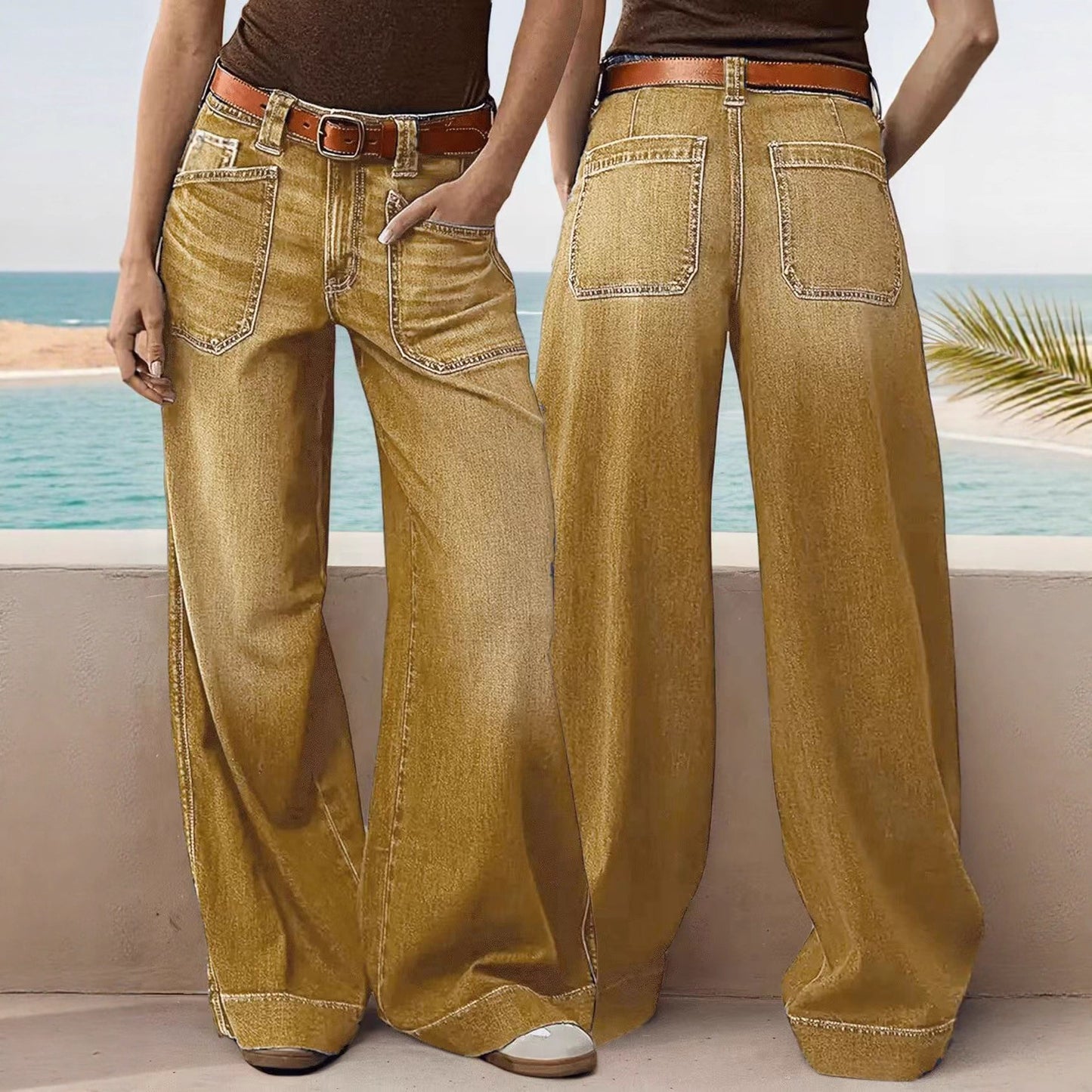 Loose Slimming Ladies Wide-leg Straight Pants Denim Ankle-length Pants