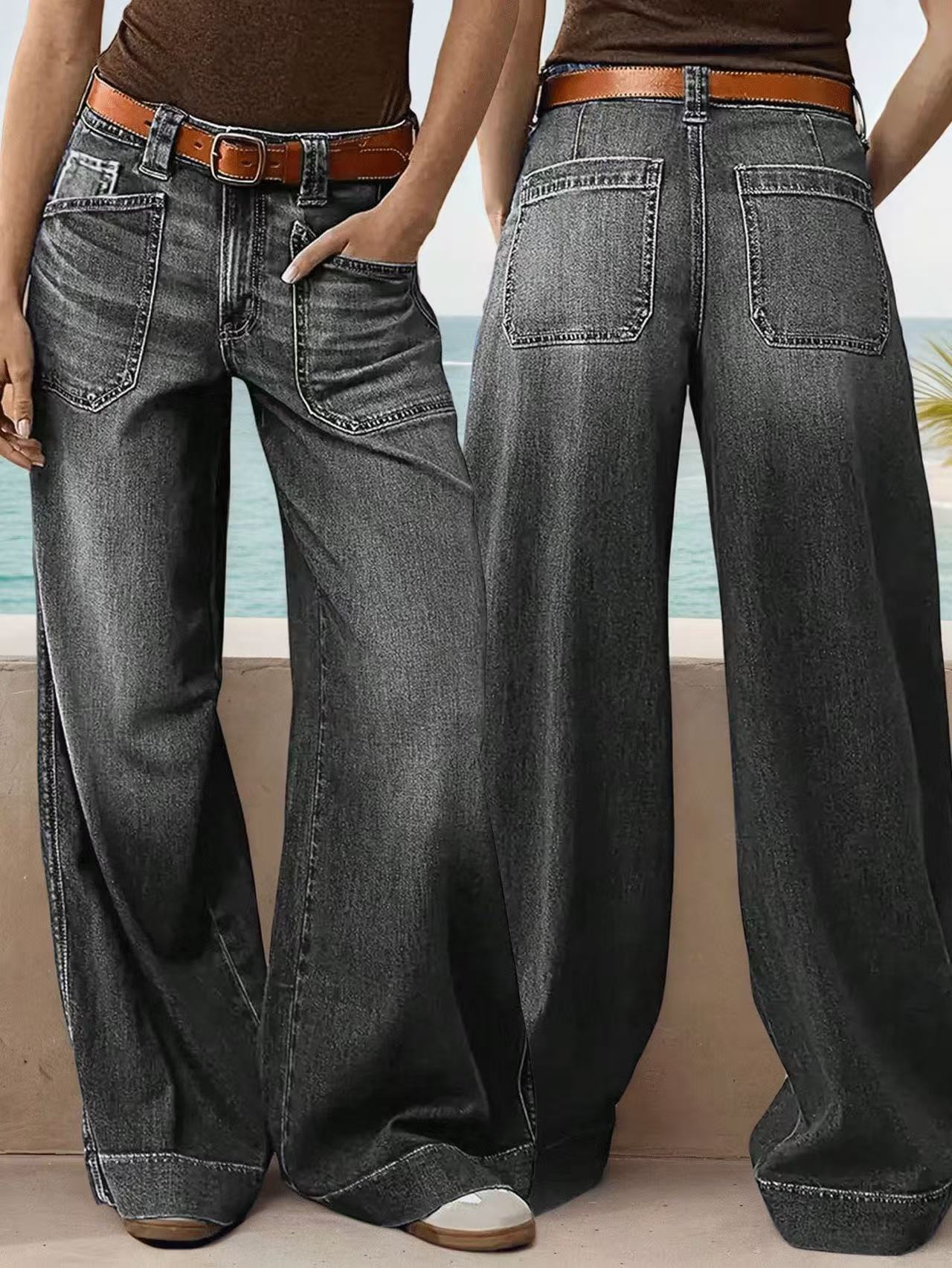 Loose Slimming Ladies Wide-leg Straight Pants Denim Ankle-length Pants