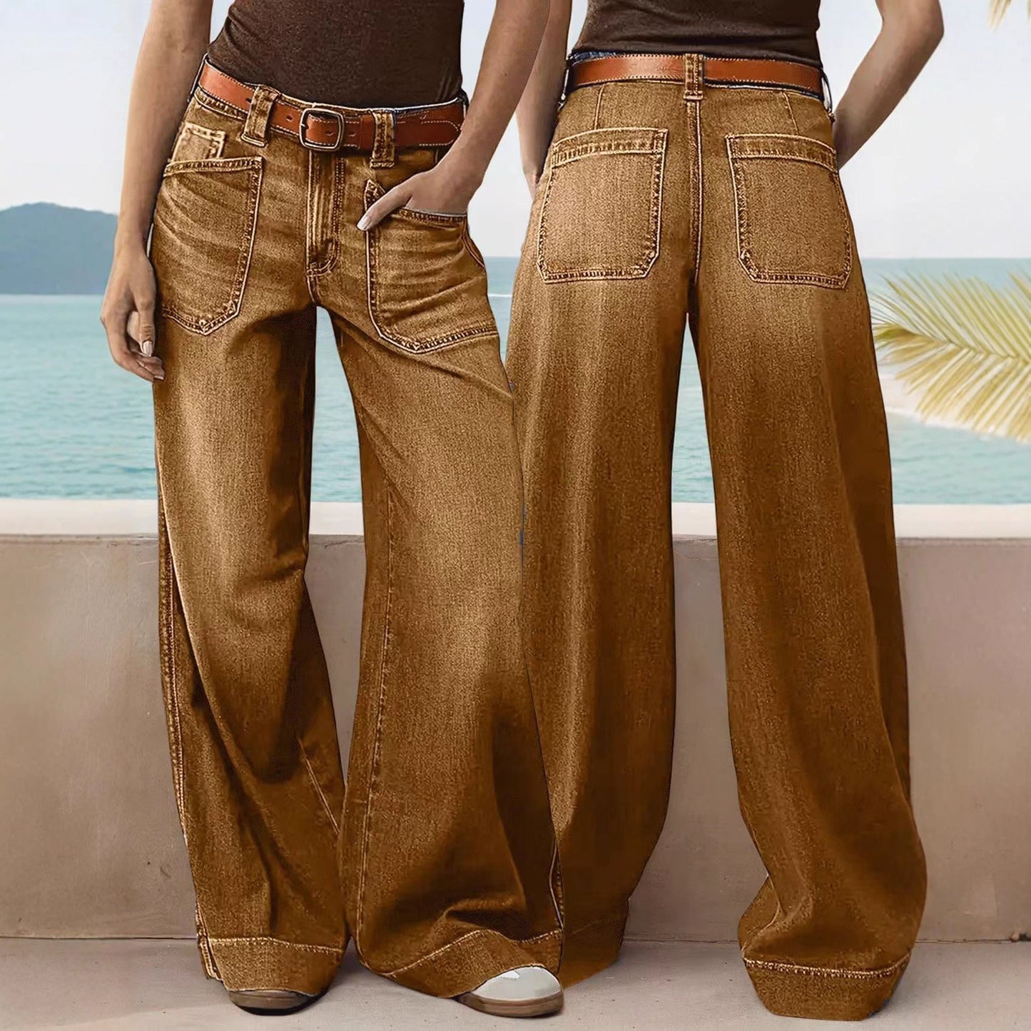 Loose Slimming Ladies Wide-leg Straight Pants Denim Ankle-length Pants