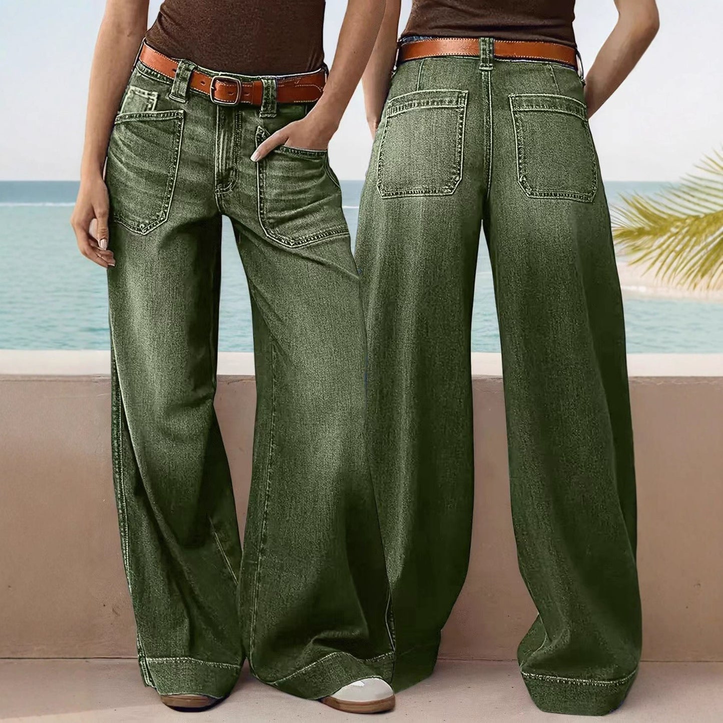 Loose Slimming Ladies Wide-leg Straight Pants Denim Ankle-length Pants