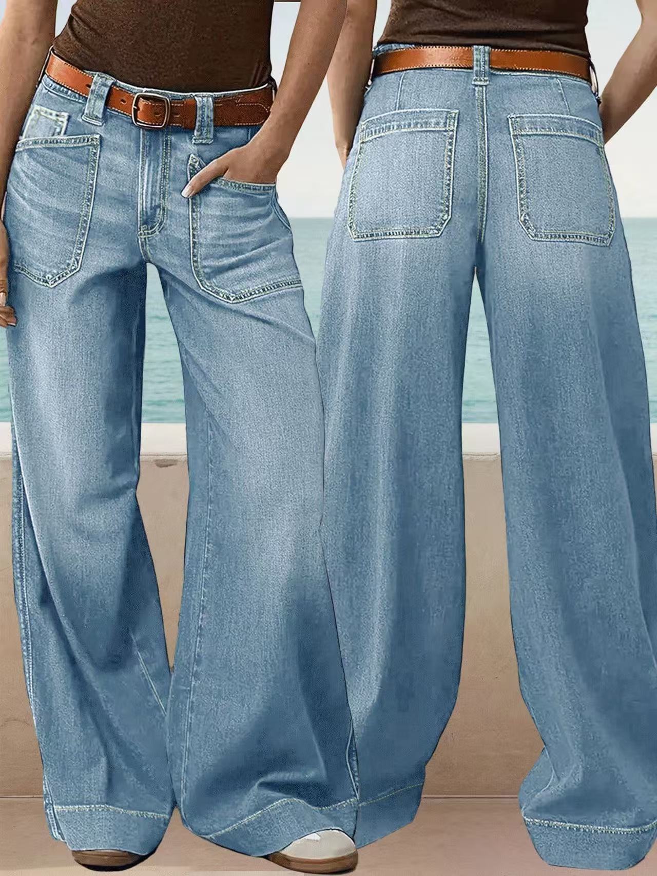 Loose Slimming Ladies Wide-leg Straight Pants Denim Ankle-length Pants